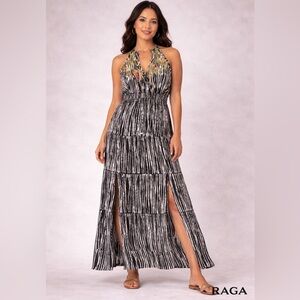 Raga Maxi Dress Medium Black Ivory Tiered Boho Halter Embroidered  100% Viscose